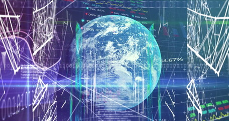 Image of data processing, globe and connections on navy background