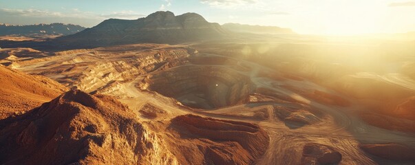 Open Pit Mine in Desert Landscape with Sunlight