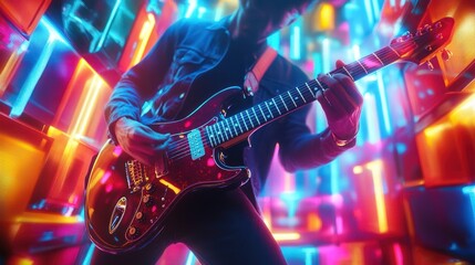 Obraz premium Electric guitar performance under neon lights, contemporary music scene