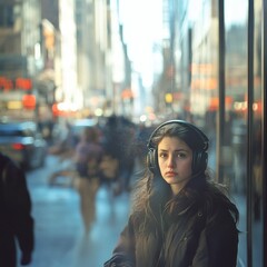 Fototapeta premium Young woman with headphones on city street listening music among blurry pedestrian traffic, looking forward with serious expression.