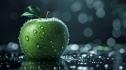 The scene features a hyper-realistic green apple, fresh water droplets, and a reflective dark surface, with dramatic lighting, soft bokeh background, and a focus on texture and detail.