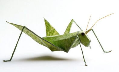 Detailed origami grasshopper, leaf-like design, intricate folds.  Green,  detailed  insect  shape
