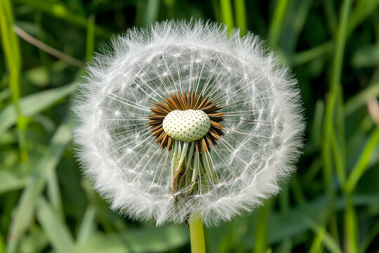 Close-up of a dandelion seed head ready to disperse seeds in a vibrant green field