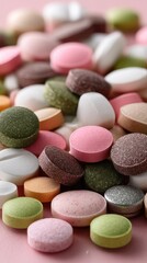 Obraz premium Colorful array of pills and oval tablets in various hues spread across a pink background offers vibrant visual appeal with copy space
