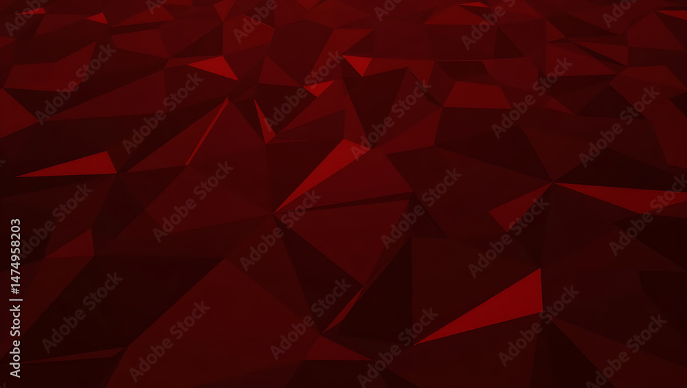 Poster vibrant red geometric fractal triangles forming a dynamic 3d low poly shape