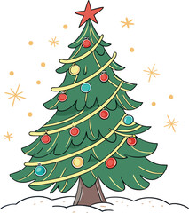 Colored Christmas Tree Design Illustration. Christmas Tree Holiday Clipart Art. Festive Christmas Tree Colored Drawing. Christmas Tree Flat Style Artwork