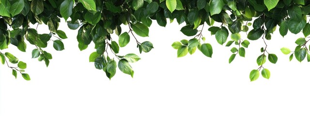 Lush green foliage cascading downwards.  A border of vibrant leaves hangs gracefully against a stark white background, showcasing a variety of leaf shapes and sizes, creating a natural, tranquil scene