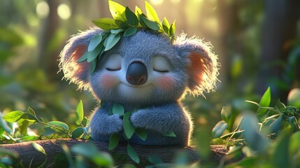 Fototapeta premium Serene koala bear wearing leaf crown, sitting amidst lush green foliage in sunlit forest.