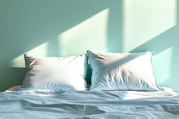 Fluffy pillows on a freshly made bed in a serene bedroom with soft natural light streaming through