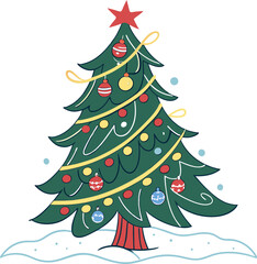 Colored Christmas Tree Design Illustration. Christmas Tree Holiday Clipart Art. Festive Christmas Tree Colored Drawing. Christmas Tree Flat Style Artwork