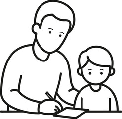 Father and son doing homework together black and white line drawing