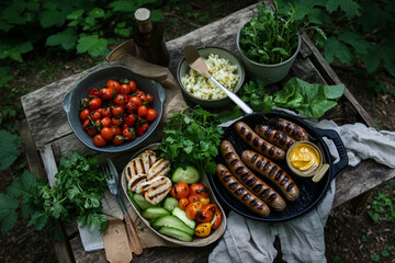 Delightful picnic spread featuring grilled sausages, fresh vegetables, and mustard on a wooden...