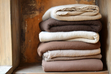 Soft blankets in earthy tones stacked harmoniously in a cozy corner, perfect for adding warmth and...