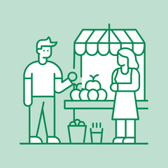 People at farmers market stand with fruit line art illustration