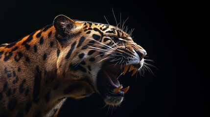 Jaguar's ferocious snarl captured against a stark black background