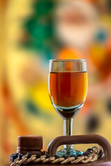 Red wine served in a crystal glass in close-up