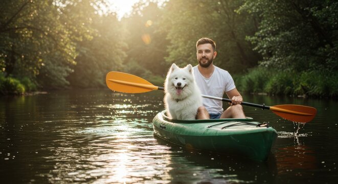 Man kayaking with a dog in a serene river surrounded by lush greenery - Powered by Adobe