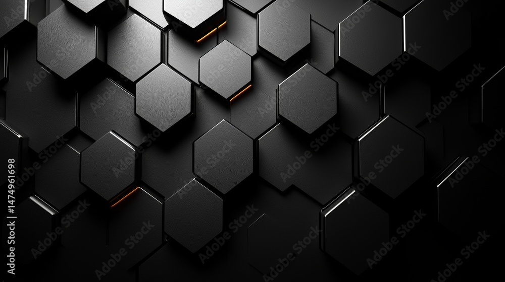 Poster a glossy black surface composed of interconnected hexagons in a geometric honeycomb pattern, created