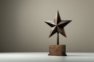 A bronze star trophy stands tall on a white surface, signifying achievement and recognition in a minimalist setting.