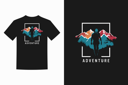Black tshirt with a design of a man walking towards mountains