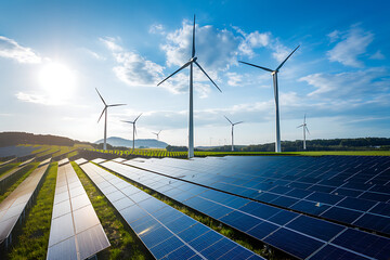 Renewable Energy Infrastructure Featuring Wind Turbines, Solar Panels, Sustainable Power Solutions, Clean Energy Innovation, and Green Technology for a Sustainable Future