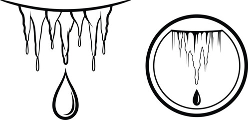 Black and white icicles hanging with water droplet and circle frame illustration