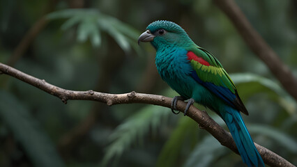 Naklejka premium A vividly colored bird with green crest red back and blue-green wings perches on a mossy branch in a lush misty forest with blurred background ai.