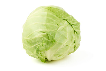 Fresh green cabbage head isolated on white background.