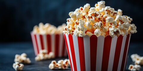 Popcorn served in striped boxes ready for a movie night at home with friends