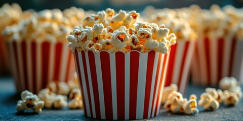 Freshly popped popcorn served in striped containers at a cozy gathering in the evening
