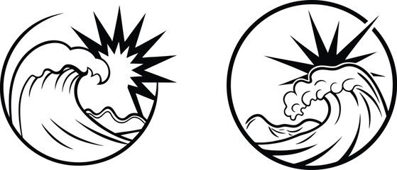 Two black and white waves with sunbursts in circular frames design