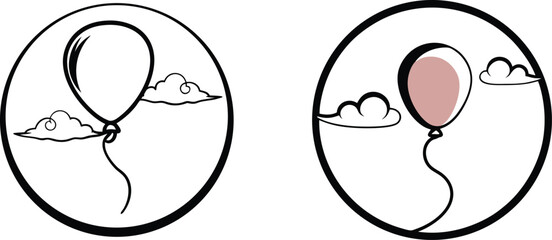 Balloon and clouds in circle frame minimalist line art design vector