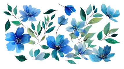 Fototapeta premium Delicate collection of vibrant blue flowers and foliage