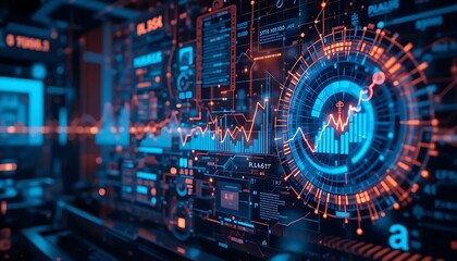 Futuristic interface showcases vibrant blue and orange data visualizations in a digital environment.