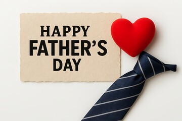 fathers day greeting card with red heart and blue striped tie on beige torn paper background flat lay for dad celebration
