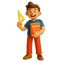 Back to school joyful maths student with school supplies 3d illustration transparent png