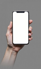 Single hand holding a smartphone with blank screen and plain background, perfect for graphic design or text overlay - Generative AI