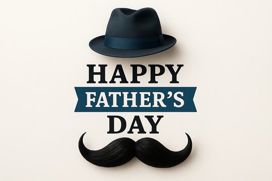 fathers day hat mustache greeting blue banner text happy dad message isolated white background clean modern layout
