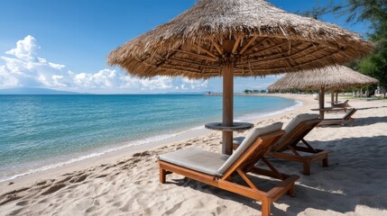 Relax on sun loungers under an umbrella on white sand, with calm seas and blue skies for the perfect getaway