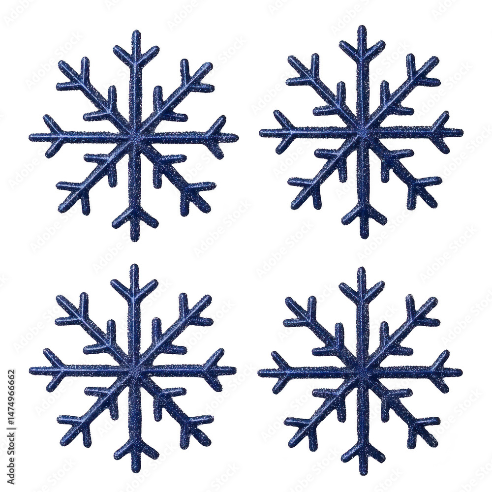 Poster four blue snowflakes with intricate patterns are arranged in grid on transparent background, showcas