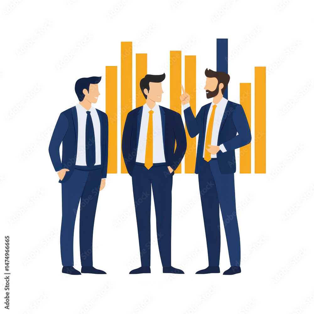 Poster three business professionals in suits engage in discussion, standing in front of bar graph. image co