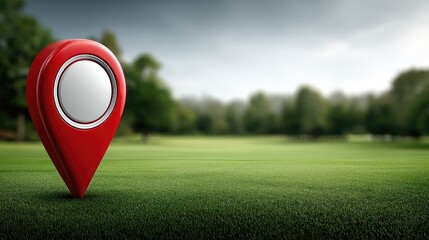Bright red location pin stands prominently on a green field, representing real estate land for sale in a blurred outdoor environment