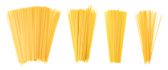 Uncooked spaghetti in different arrangements on transparent background