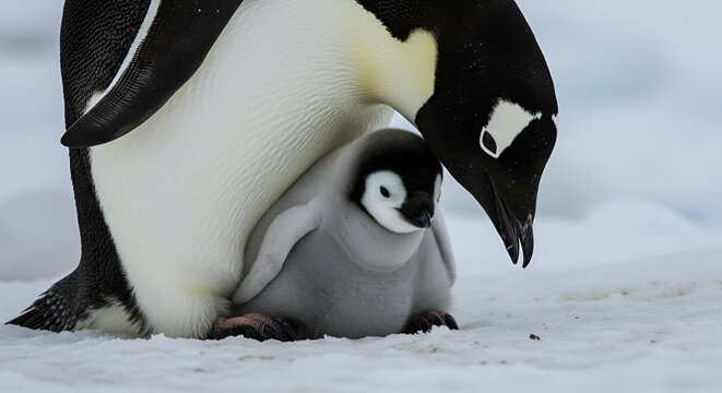 Penguin Chick Snuggled Under a Parent