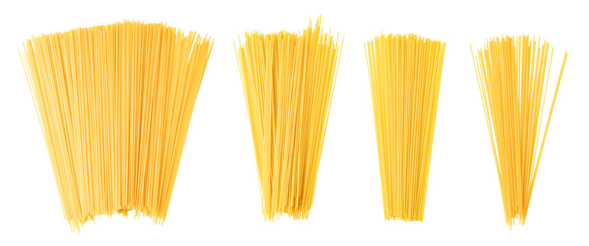 Uncooked spaghetti in different arrangements on transparent background