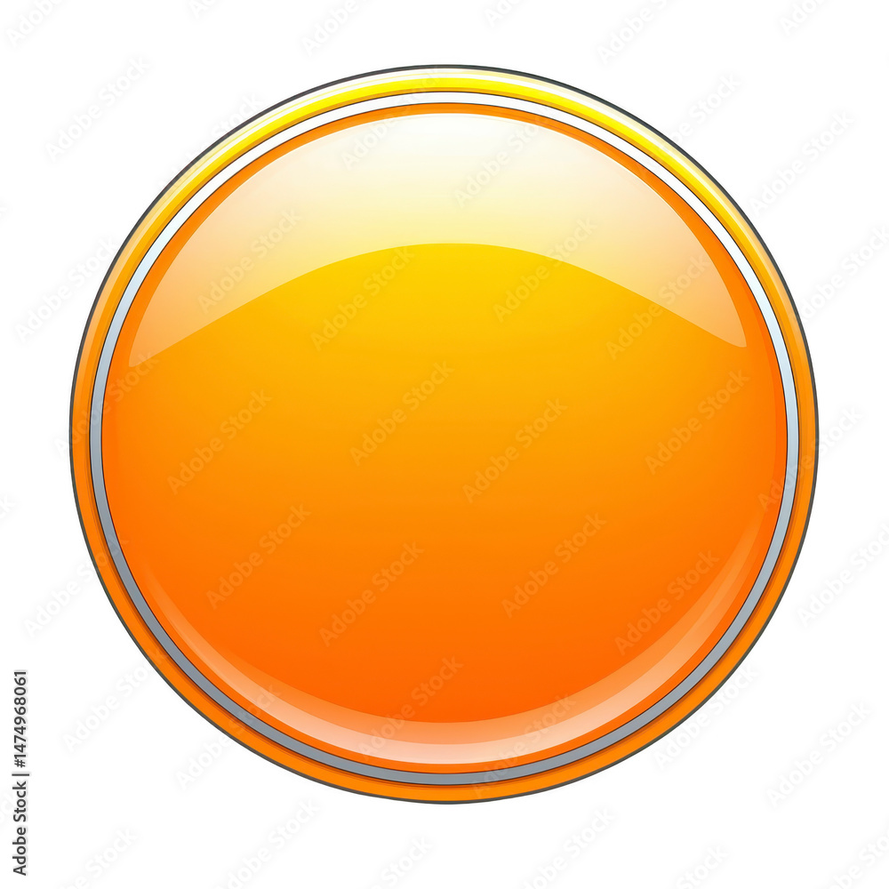 Poster shiny, orange, glossy button with reflective surface and circular shape, isolated on transparency ba