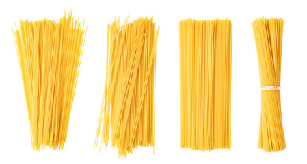 Different arrangements of spaghetti creating culinary textures on transparent background