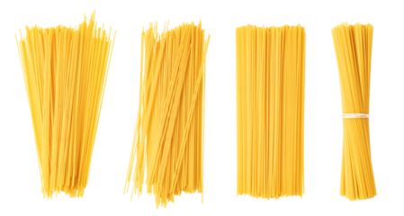 Different arrangements of spaghetti creating culinary textures on transparent background