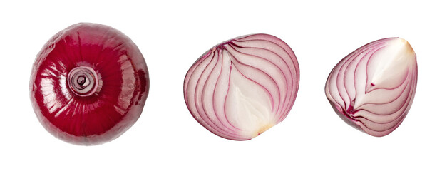 Whole red onion, half and quarter slice isolated on transparent background