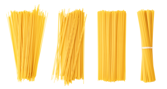 Different arrangements of spaghetti creating culinary textures on transparent background
